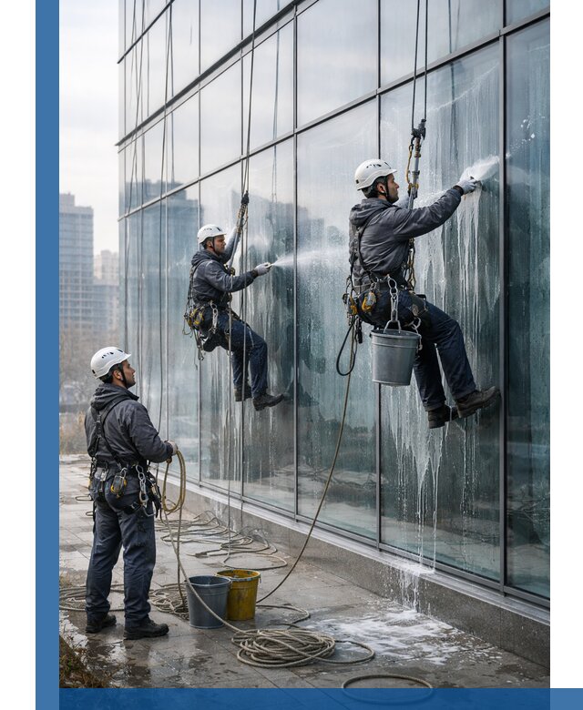 Промышленная мойка панорамных окон на высоте в Краснодаре