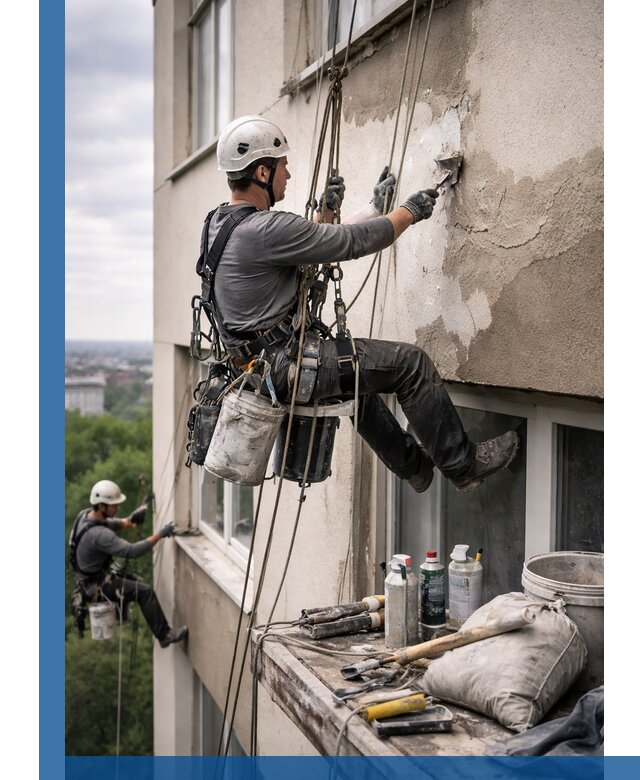 Косметический ремонт фасада зданий в Краснодаре промышленными альпинистами