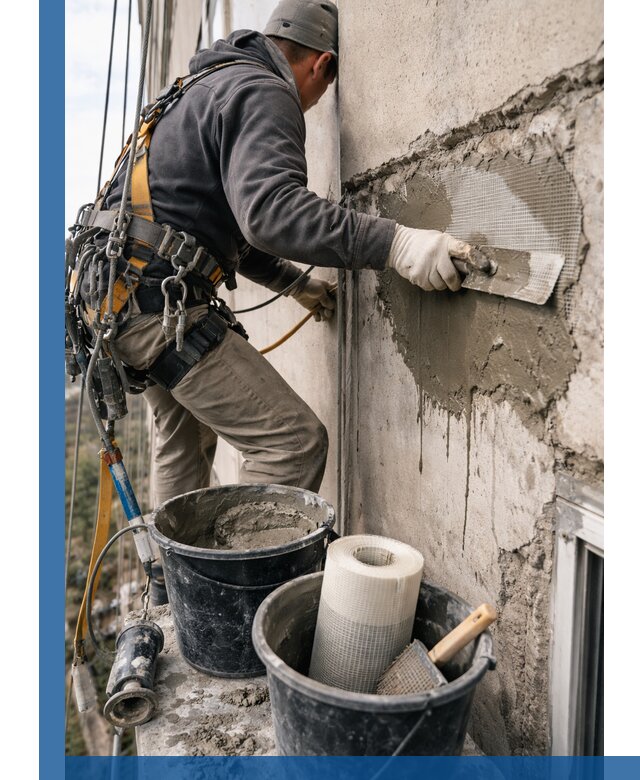 Ремонт бетонных элементов фасада промышленными альпинистами в Краснодаре