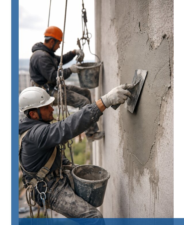 Штукатурка фасада на высоте в Краснодаре профессиональные работы