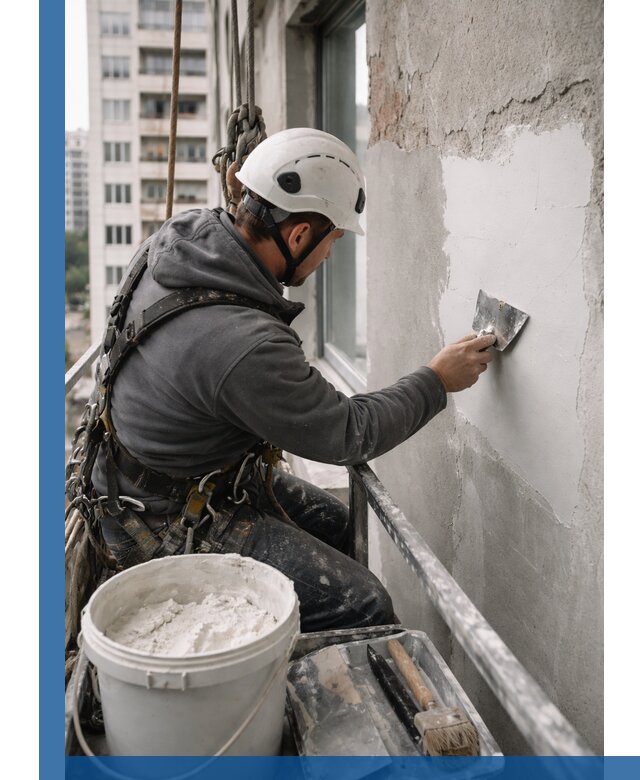 Шпаклевка фасадов на высоте с промальпинистами в Краснодаре