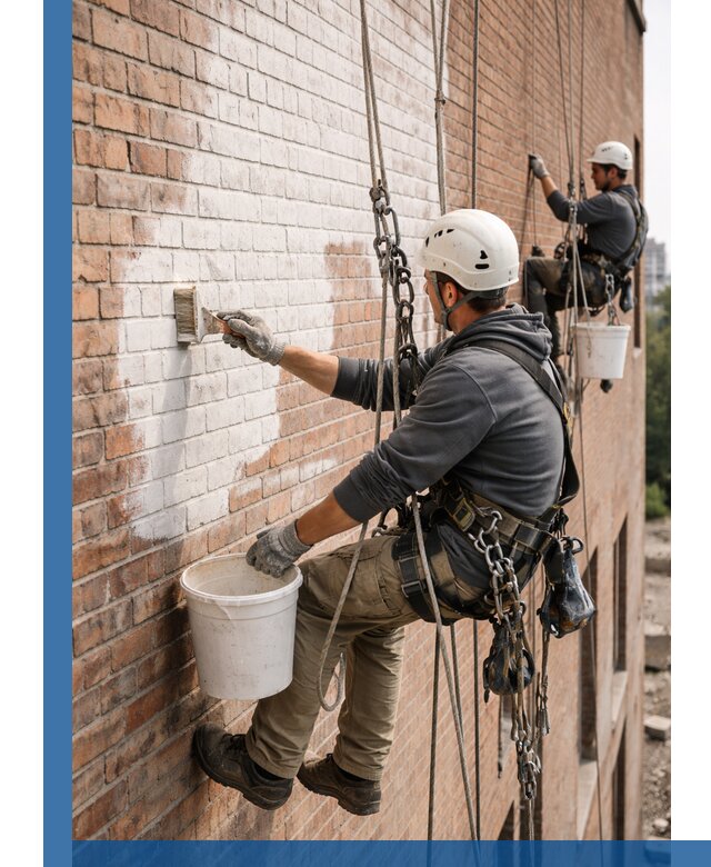 Покраска кирпичного фасада с доступным альпинистским сервисом в Краснодаре