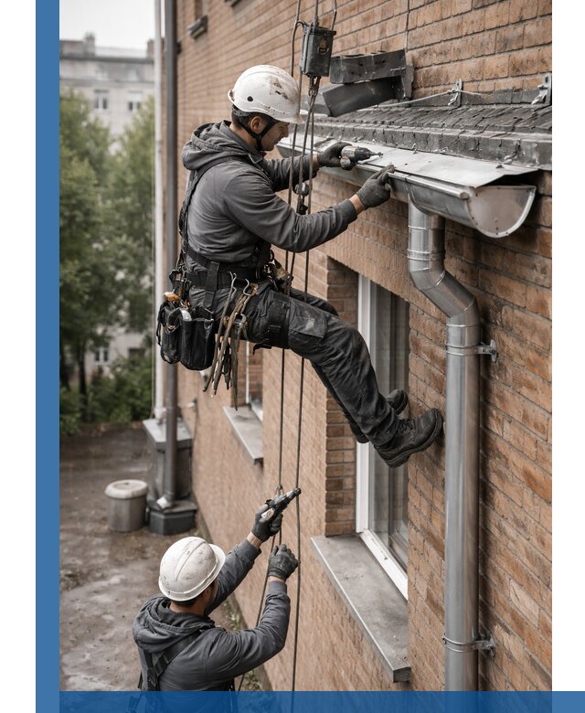 Монтаж водосточной системы на здании в Краснодаре под ключ