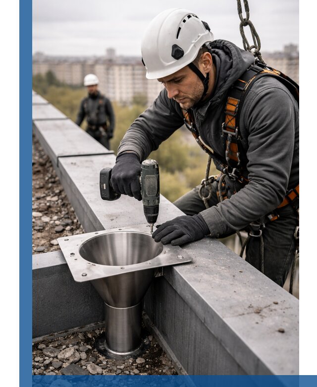 Монтаж водосточных воронок в Краснодаре для промышленных зданий