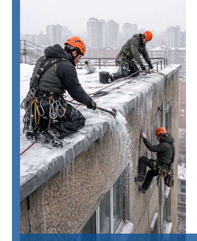 Удаление наледи с кровли в Краснодаре промышленными альпинистами