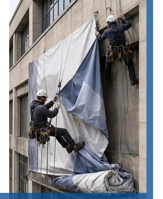 Демонтаж баннеров с фасада в Краснодаре от 4644 р. | ВЫСОТНИК-Ксд