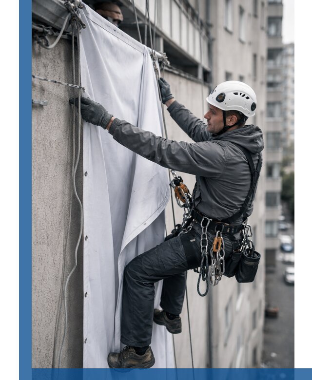 Замена баннерного полотна промышленными альпинистами в Краснодаре