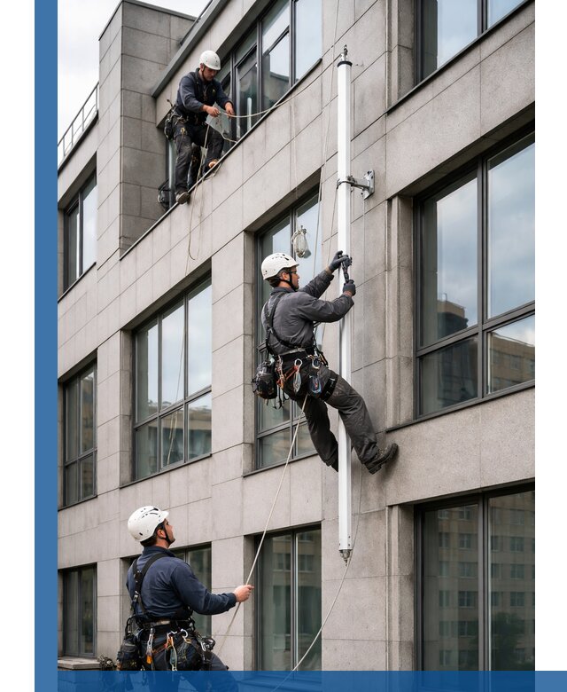 Монтаж флагштока на фасаде здания с креплением и герметикой в Краснодаре