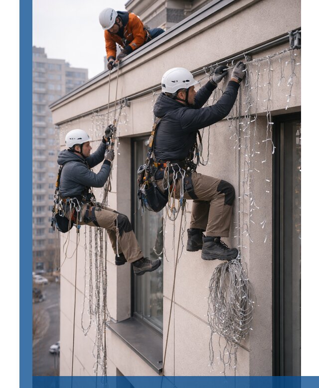 Монтаж праздничных гирлянд на фасаде в Краснодаре для зданий