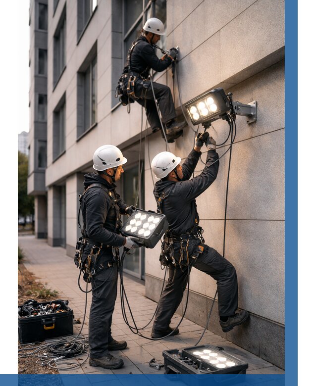 Монтаж прожекторов на фасаде в Краснодаре от 7739 р. | ВЫСОТНИК-Ксд