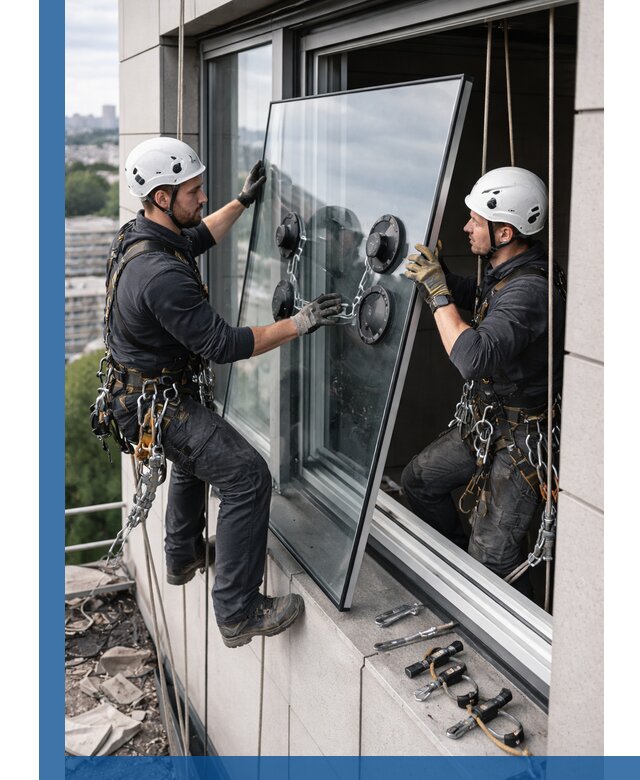 Замена стеклопакетов на высоте с промышленными альпинистами в Краснодаре