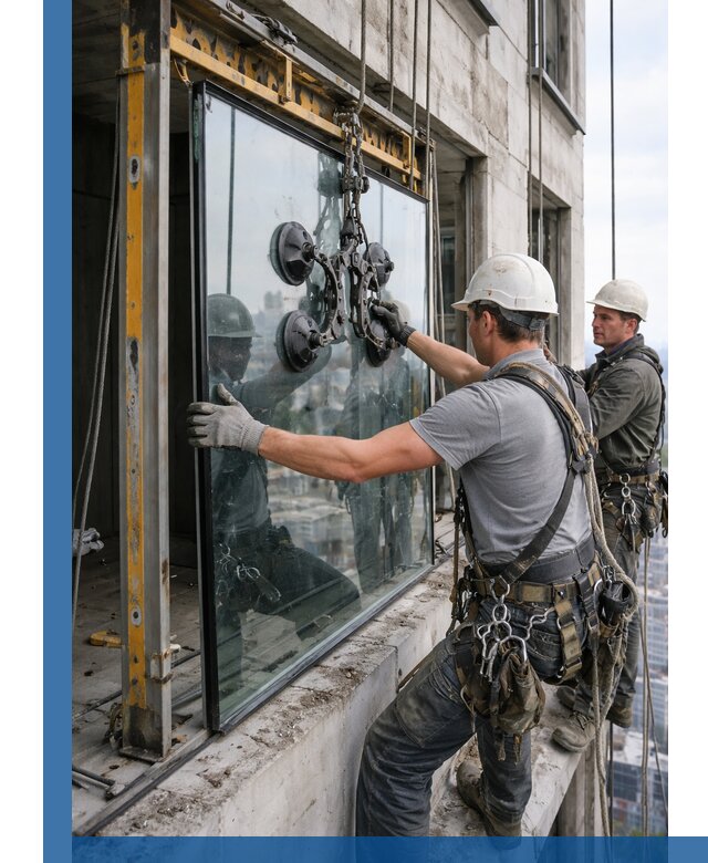 Монтаж стеклопакетов на высоте в Краснодаре с промышленным альпинизмом