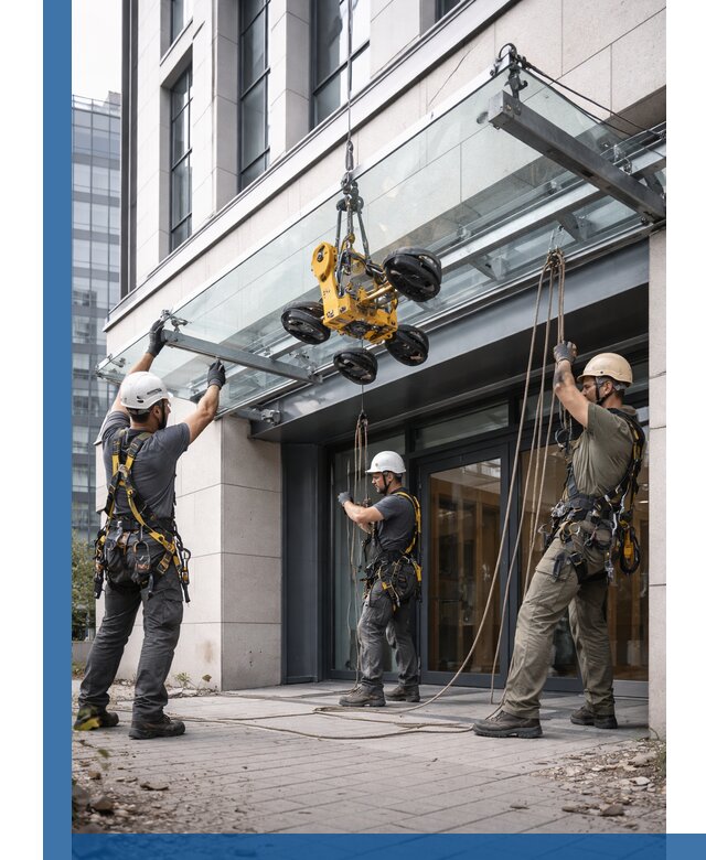 Монтаж стеклянных козырьков под ключ в Краснодаре для зданий