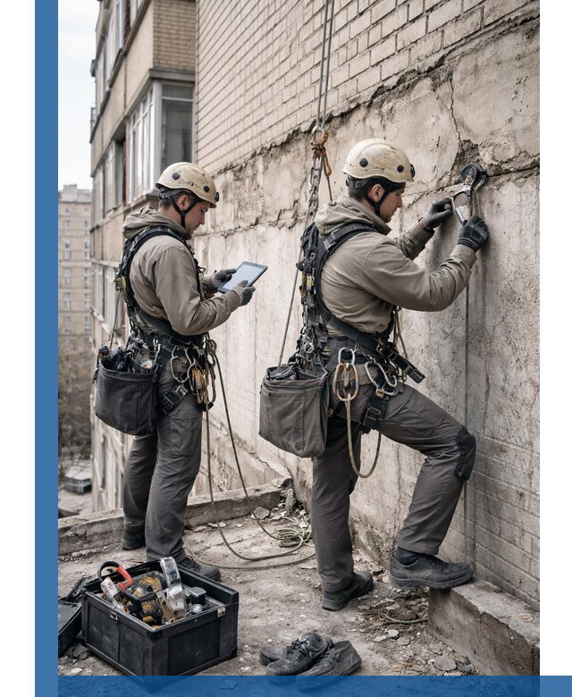 Обследование фасада промышленными альпинистами в Краснодаре